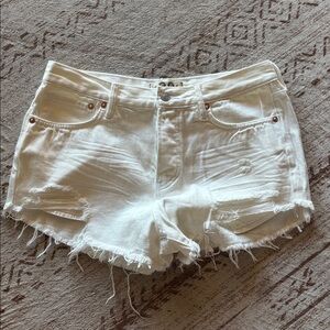Free People Cream Distressed Jean Shorts